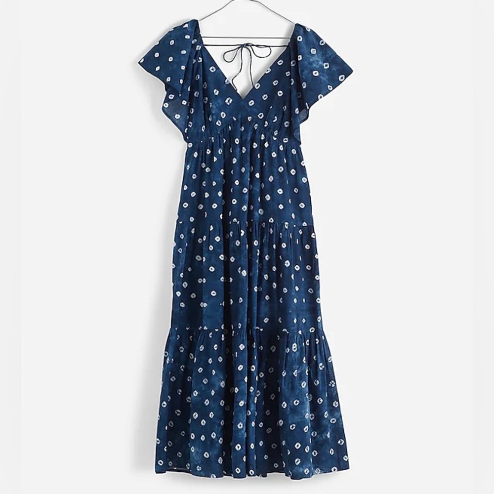 Madewell Tie-Back Flutter-Sleeve Tiered Midi Dress Cotton Shibori Print Size 2